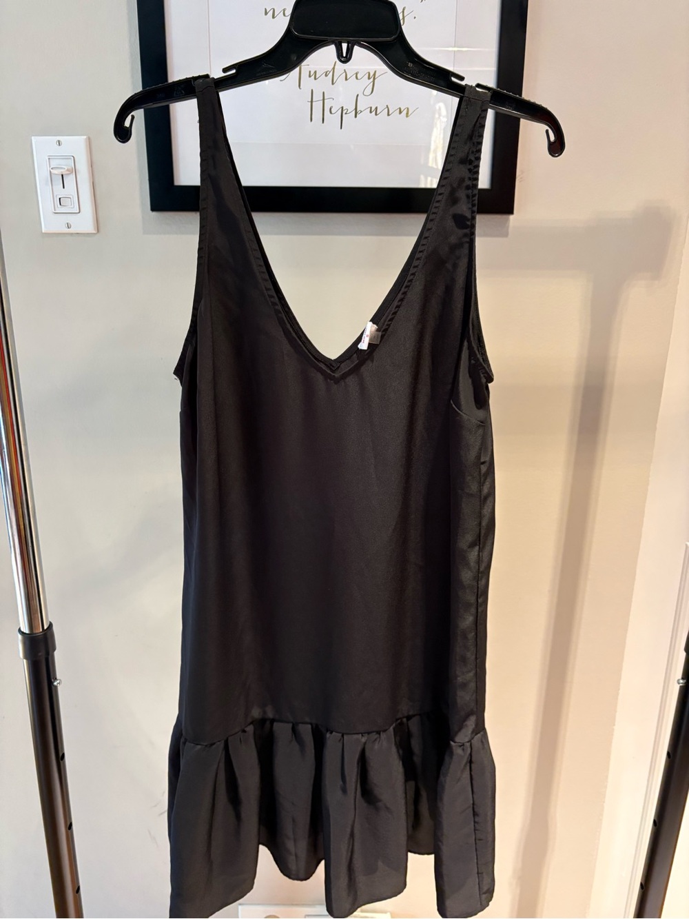 Black V-Neck Mini Ruffle Hem Slip Dress - Size S